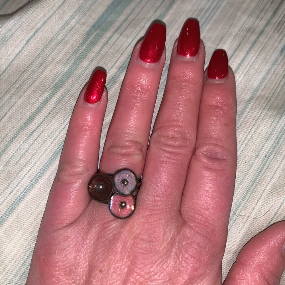 Three stackable stone circle rings handcrafted pink purple colors size 6